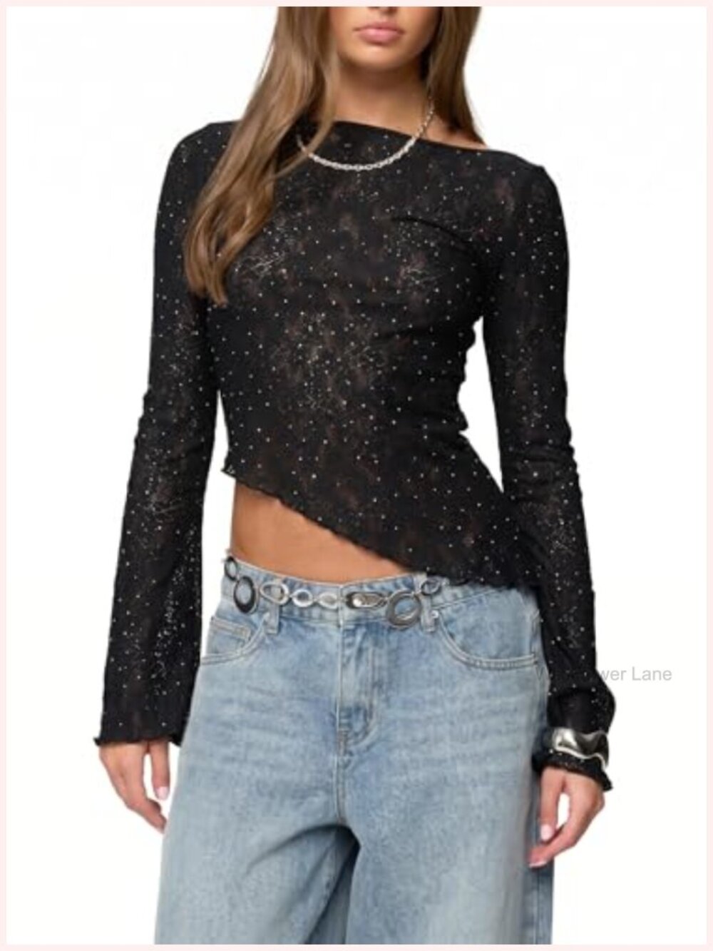 Women's Sheer Lace Bell Sleeve Top Y2K Asymmetrical Blouse with Gem Detailing